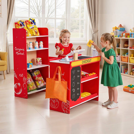 Kids Wooden Grocery Store Playset – Conveyor Belt, Register