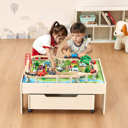 Kids Wooden Train Table, 100-Piece Set, Storage Drawer
