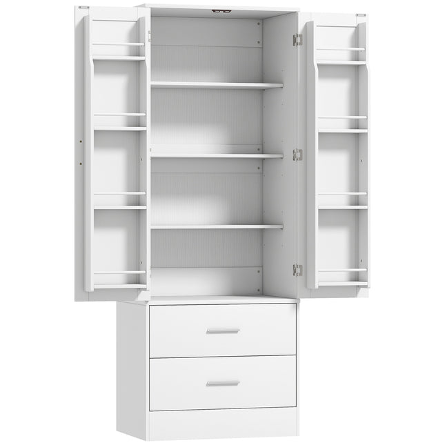 Virtuves skapis, regulējami plaukti, 2 atvilktnes, balts MDF