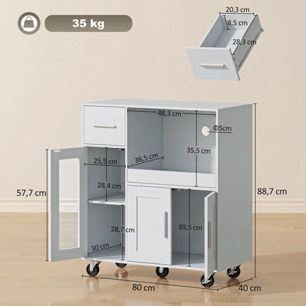 Kitchen Cabinet on Wheels with Pull-Out Tray and Cable Hole, Grey, Drawer