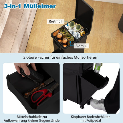 Virtuves atkritumu tvertne ar 3 nodalījumiem, melna, 4 riteņi