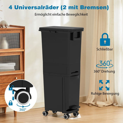 Virtuves atkritumu tvertne ar 3 nodalījumiem, melna, 4 riteņi
