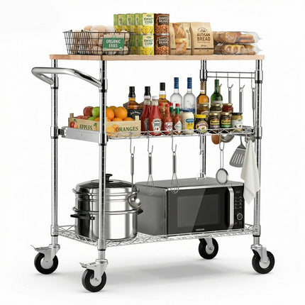 Kitchen Utility Cart, 3-Tier Rolling Wire Rack, Wood Top