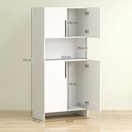 White kitchen tall cupboard, soft-closing doors, microwave shelf
