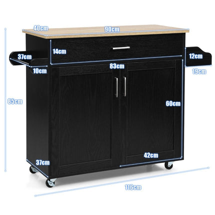 Virtuves ratiņi, virtuves sala ar atvilktni un augstumā regulējamu plauktu, 116 x 40 x 85 cm, melni + dabīgi