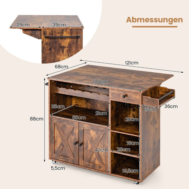 Virtuves ratiņi uz riteņiem Servēšanas ratiņi ar salokāmu darba virsmu 121 x 68 x 88 cm Rustic brown