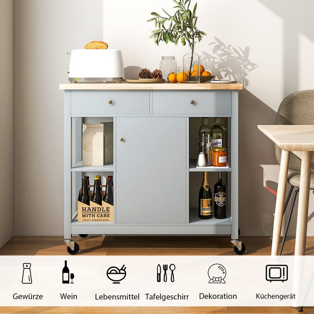 Virtuves ratiņi ar riteņiem Virtuves sala ar darba virsmu Servēšanas ratiņi ar 2 atvilktnēm 99 x 46 x 90 cm Pelēki