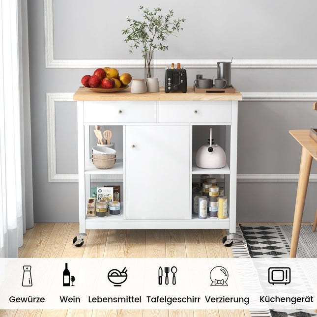 Virtuves ratiņi ar riteņiem Virtuves sala ar darba virsmu Servēšanas ratiņi ar 2 atvilktnēm 99 x 46 x 90 cm Balts