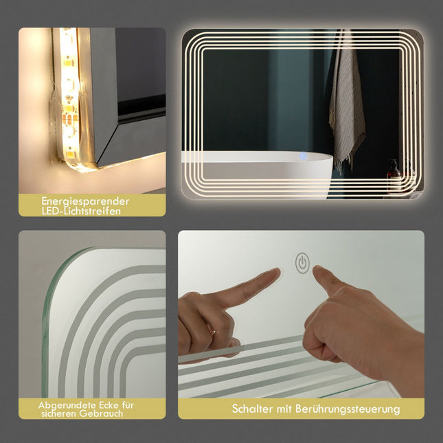 Vannas istabas spogulis ar LED apgaismojumu, 70 x 50 cm, pret aizsvīšanas funkciju, 3 krāsu regulējams