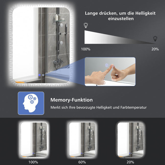 Vannas istabas spogulis ar LED apgaismojumu, 80 x 60 cm, ar regulējamu gaismas spilgtumu, pret aizsvīšanas funkciju