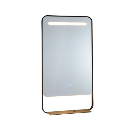 Vannas istabas spogulis ar LED apgaismojumu, 80 x 60 cm, plaukts, pretsvīšanas pārklājums, zelta rāmis