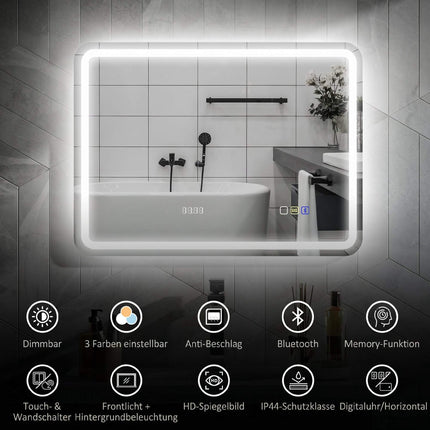 LED Bathroom Mirror 80 x 60 cm with Anti-Fog Pad, Bluetooth, Clock, Silver