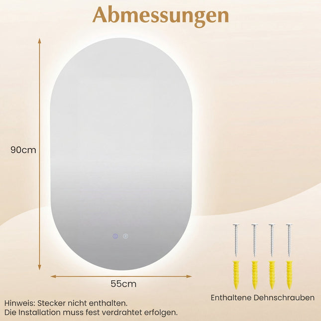 LED vannas istabas spogulis, 90x55 cm, pretsvīšanas pārklājums, regulējams apgaismojums