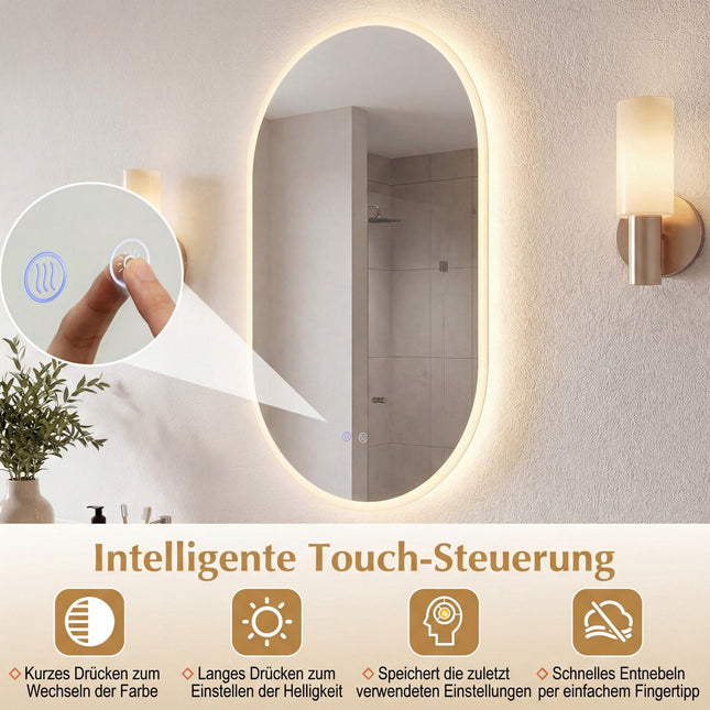 Vannas istabas spogulis ar LED apgaismojumu, 90x55 cm, pretsvīšanas pārklājums, skārienvadība