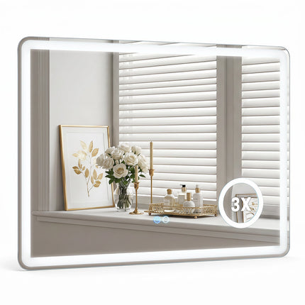 Vannas istabas spogulis ar LED apgaismojumu un 3x palielinājumu, pret aizsvīšanas pārklājumu, 80x60 cm