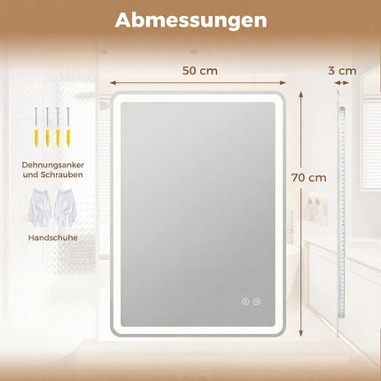 Vannas istabas spogulis ar LED aptumšojamību un pretsvīšanas funkciju, 70x50 cm