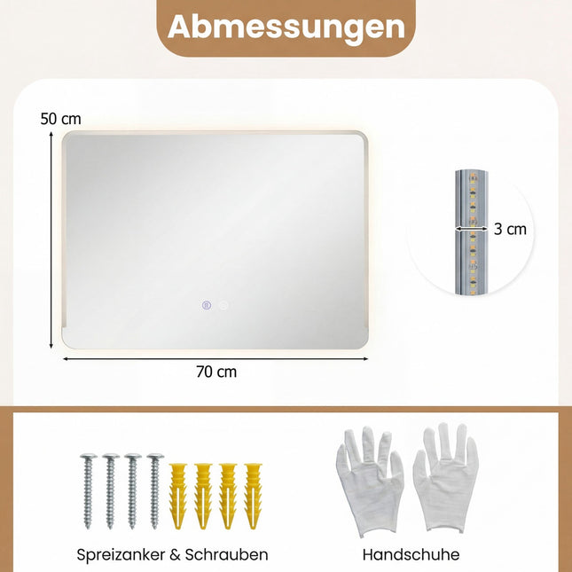 Vannas istabas spogulis ar LED apgaismojumu un pretsvīšanas funkciju, regulējamu apgaismojumu, 70x50 cm