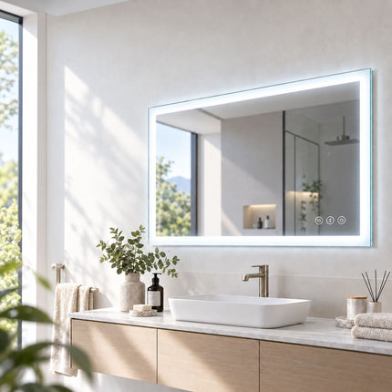 LED Bathroom Mirror with Shaver Socket and Anti-Fog, Touch Control, IP44