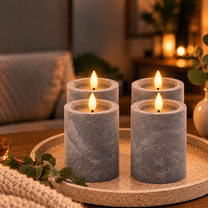 LED Block Candles Set of 4 in Concrete Look with Timer, Grey, Flameless