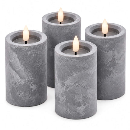 LED Block Candles Set of 4 in Concrete Look with Timer, Grey, Flameless