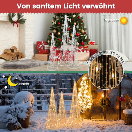 LED Ziemassvētku eglīšu komplekts ar konusiem, 3 daļas, 90 silti baltas krāsas