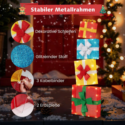LED Ziemassvētku dāvanu kastīšu komplekts - 4 daudzkrāsainas izgaismotas kastītes
