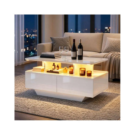 LED Coffee Table 90 cm with 2 Storage Drawers and Open Shelf, High Gloss White
