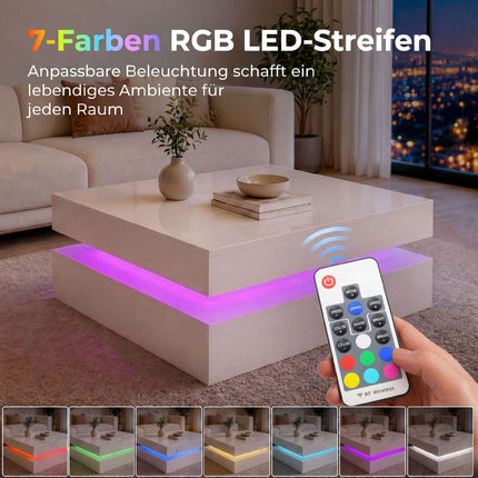 LED kafijas galdiņš ar uzglabāšanas vietu, 2 līmeņi, spīdīgi balts