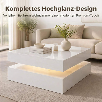 LED kafijas galdiņš ar uzglabāšanas vietu, 2 līmeņi, spīdīgi balts