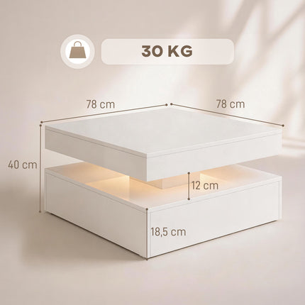 LED kafijas galdiņš ar uzglabāšanas vietu, 2 līmeņi, spīdīgi balts