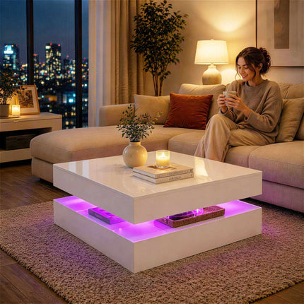 LED kafijas galdiņš ar uzglabāšanas vietu, 2 līmeņi, spīdīgi balts