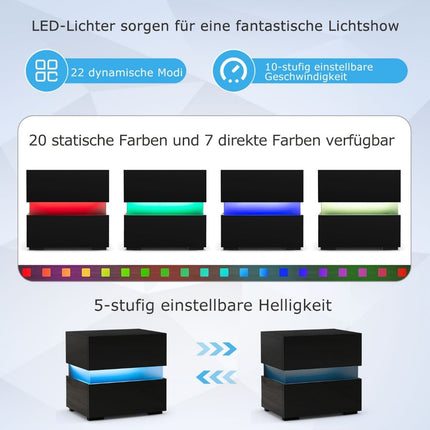 LED naktsskapīšu komplekts, 2 atvilktnes, melns, ar tālvadības pulti