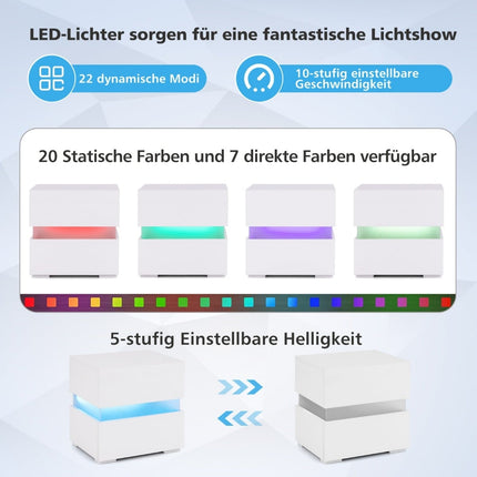 LED naktsskapīšu komplekts ar 2 atvilktnēm, balts, ar tālvadības pulti
