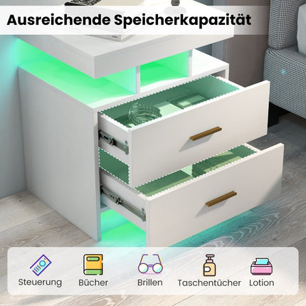 LED naktsskapītis ar 2 atvilktnēm, spīdīgs, ar tālvadības pulti