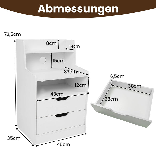 LED Nightstand with Charging Station, 2 Drawers, White