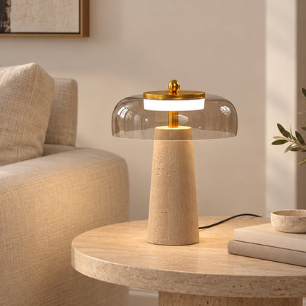 LED Table Lamp with Travertine Base and Tinted Glass Shade, 3000K, Amber