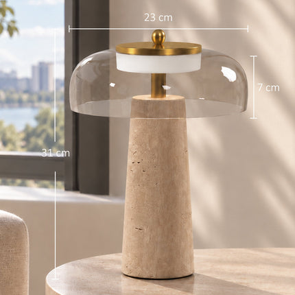 LED Table Lamp with Travertine Base and Tinted Glass Shade, 3000K, Amber