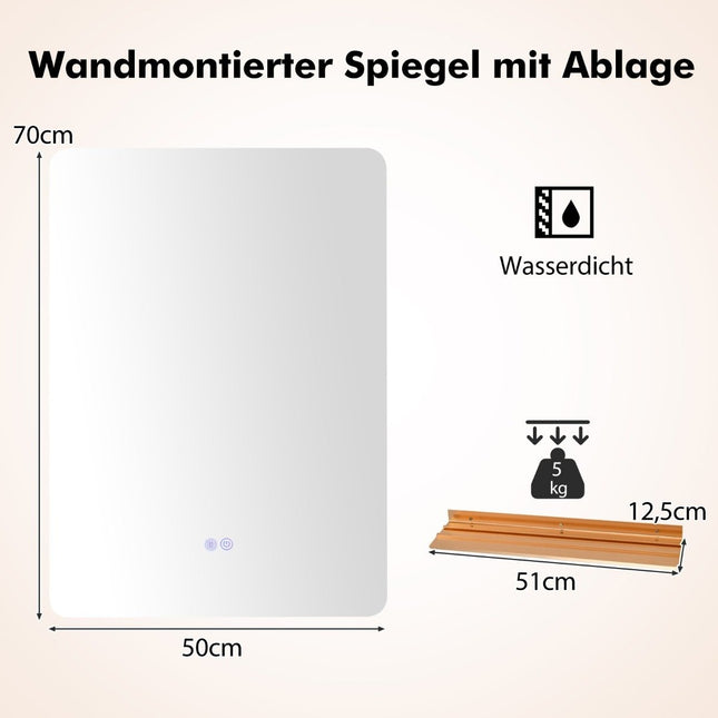 Vannas istabas spogulis ar LED apgaismojumu, skārienjutīgu slēdzi un sienas spoguli ar atmiņas funkciju, 70 x 50 cm