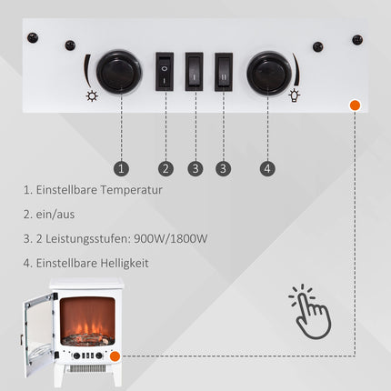 LED elektriskais brīvstāvošs kamīns ar liesmas efektu 900/1800W metāls un ABS plastmasa baltā krāsā 39 x 26 x 54,8 cm mājīgai atmosfērai