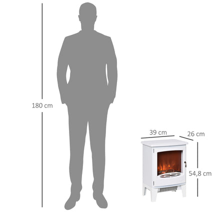 LED elektriskais brīvstāvošs kamīns ar liesmas efektu 900/1800W metāls un ABS plastmasa baltā krāsā 39 x 26 x 54,8 cm mājīgai atmosfērai