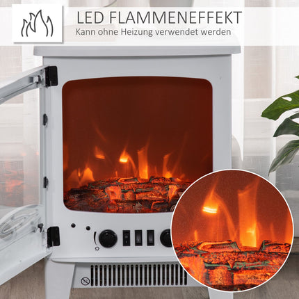 LED elektriskais brīvstāvošs kamīns ar liesmas efektu 900/1800W metāls un ABS plastmasa baltā krāsā 39 x 26 x 54,8 cm mājīgai atmosfērai