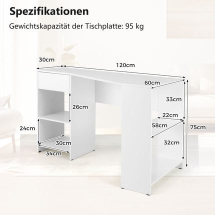 L-Shaped Corner Desk with Drawer & Shelves, White