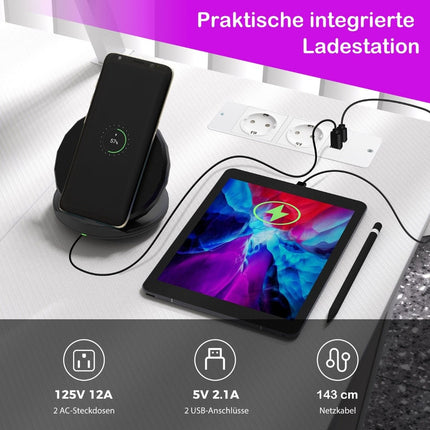 L-veida spēļu galds ar strāvas rozetēm un USB portiem