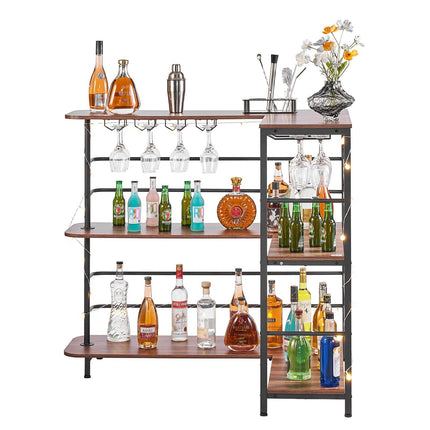 L-Shaped Home Bar Cabinet, 3-Tier, LED, Walnut, Metal Frame