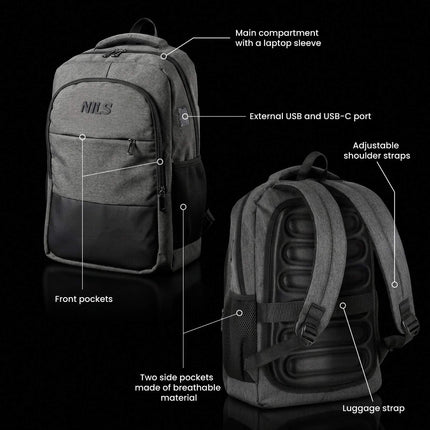 Klēpjdatora mugursoma, USB-C uzlādes ports, 18 l, pelēka