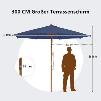 Liels zils koka terases saulessargs, 300 cm, ventilējams, regulējams
