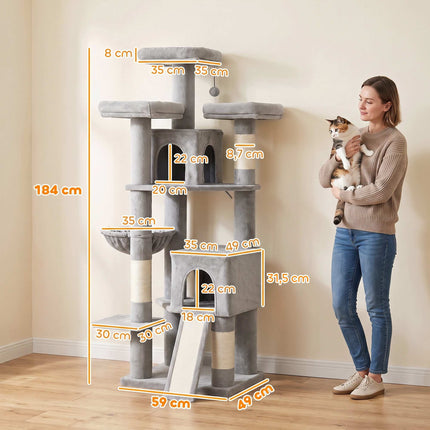 Large Cat Tree 184 cm with 5 Levels and Scratching Posts, 2 Caves, Light Grey