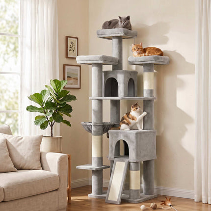 Large Cat Tree 184 cm with 5 Levels and Scratching Posts, 2 Caves, Light Grey