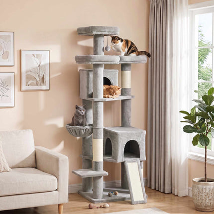 Large Cat Tree 184 cm with 5 Levels and Scratching Posts, 2 Caves, Light Grey