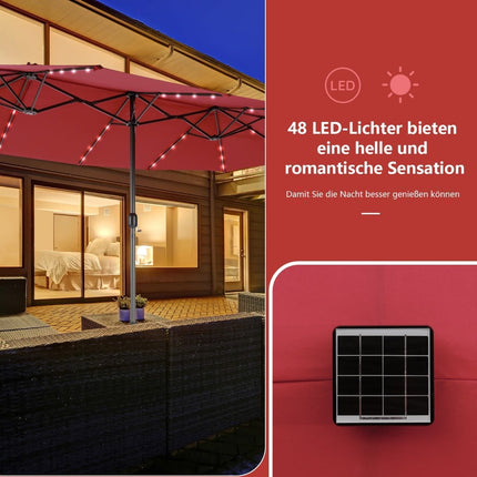 Liels dubultais terases saulessargs ar saules LED gaismām, sarkans